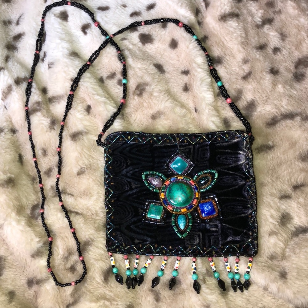 RARE 100% silk velvet artisan stone flower purse - Picture 2 of 16